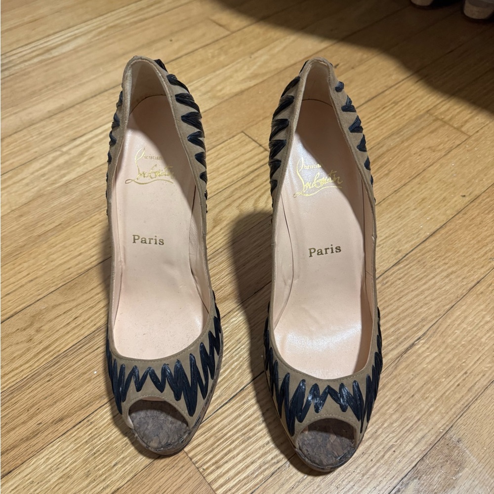 Christian Louboutin Black and Tan Peep-Toe Heels